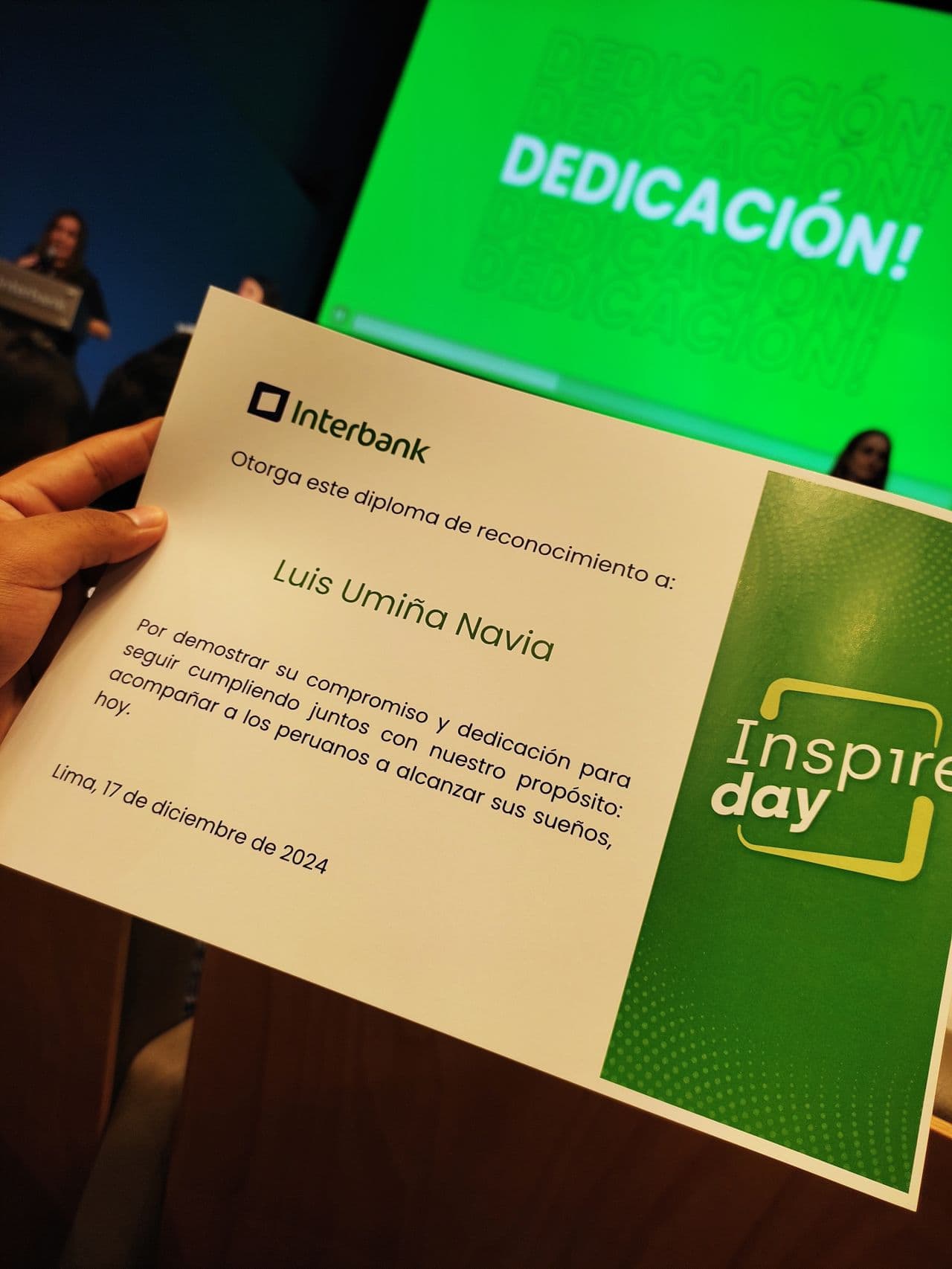Recognition diploma received during Interbank's Inspire Day